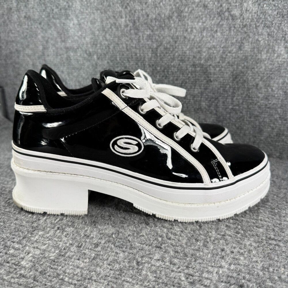 Skechers Heartbeat Loud Platform Sneakers Womens 8.5 Black Patent Y2K Chunky Vtg